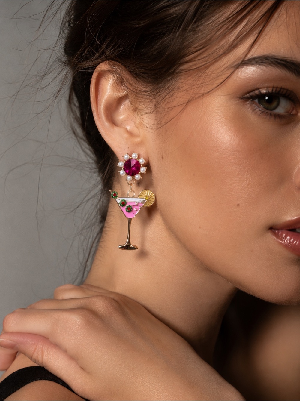 Cocktail Drop Earrings with Fuchsia Crystal Summer Earrings - Picture 3 of 3